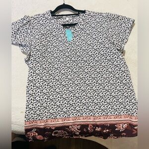 Women's Floral Border Flutter Short-Sleeve Blouse - Black & White